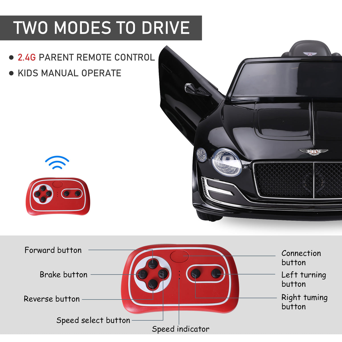 Black HOMCOM Bentley GT ride-on car with a red parent remote control and an open door
