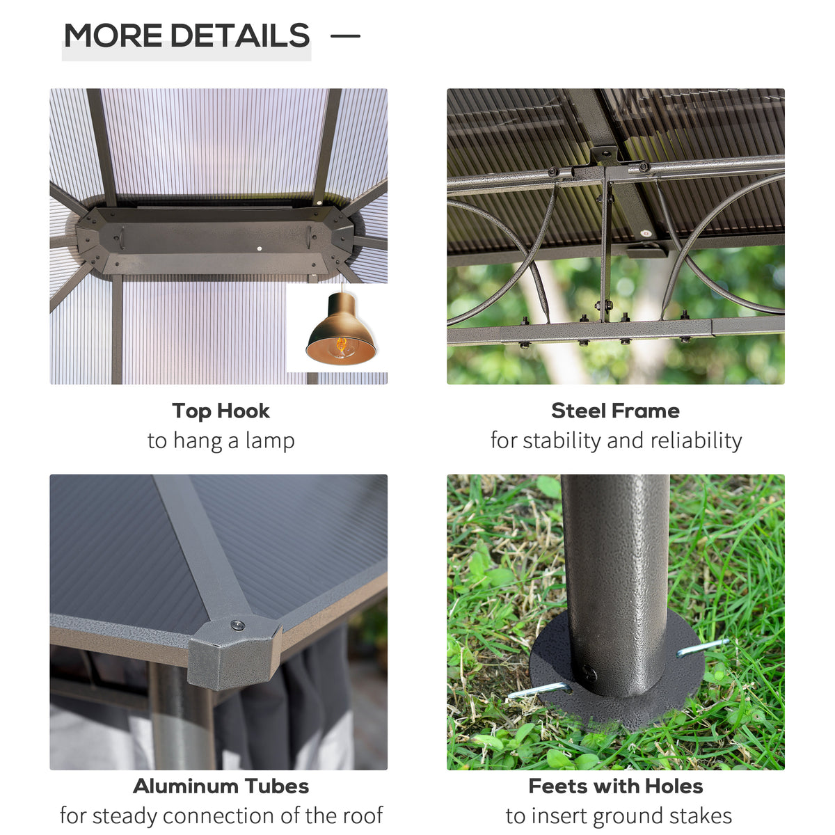 Gazebo construction details showing a hanging hook, steel frame, roof joints and anchored feet