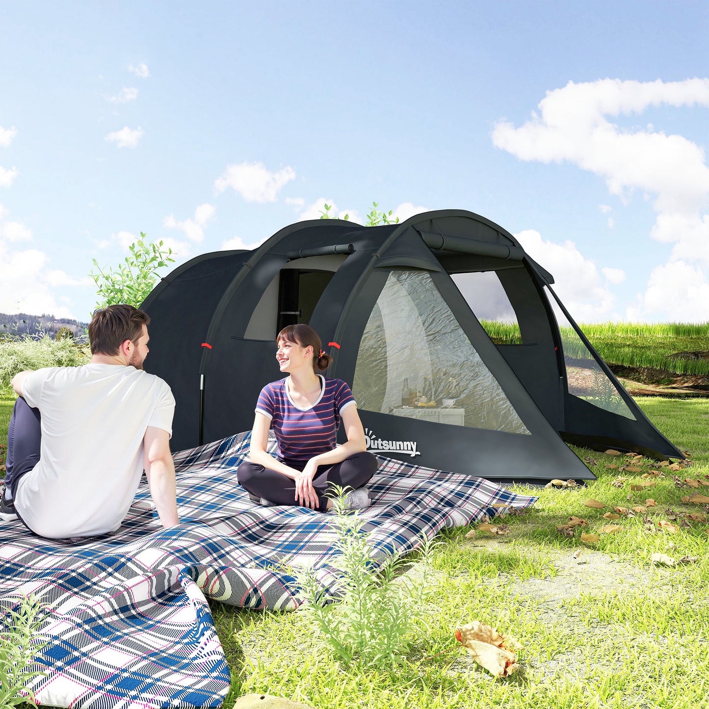 Outsunny 3 Man Tunnel Tent, Two Room Large Camping Tent with Windows, Portable Carry Bag, for Fishing, Hiking, Sports, Festival, 475L x 264W x 172H cm, Black