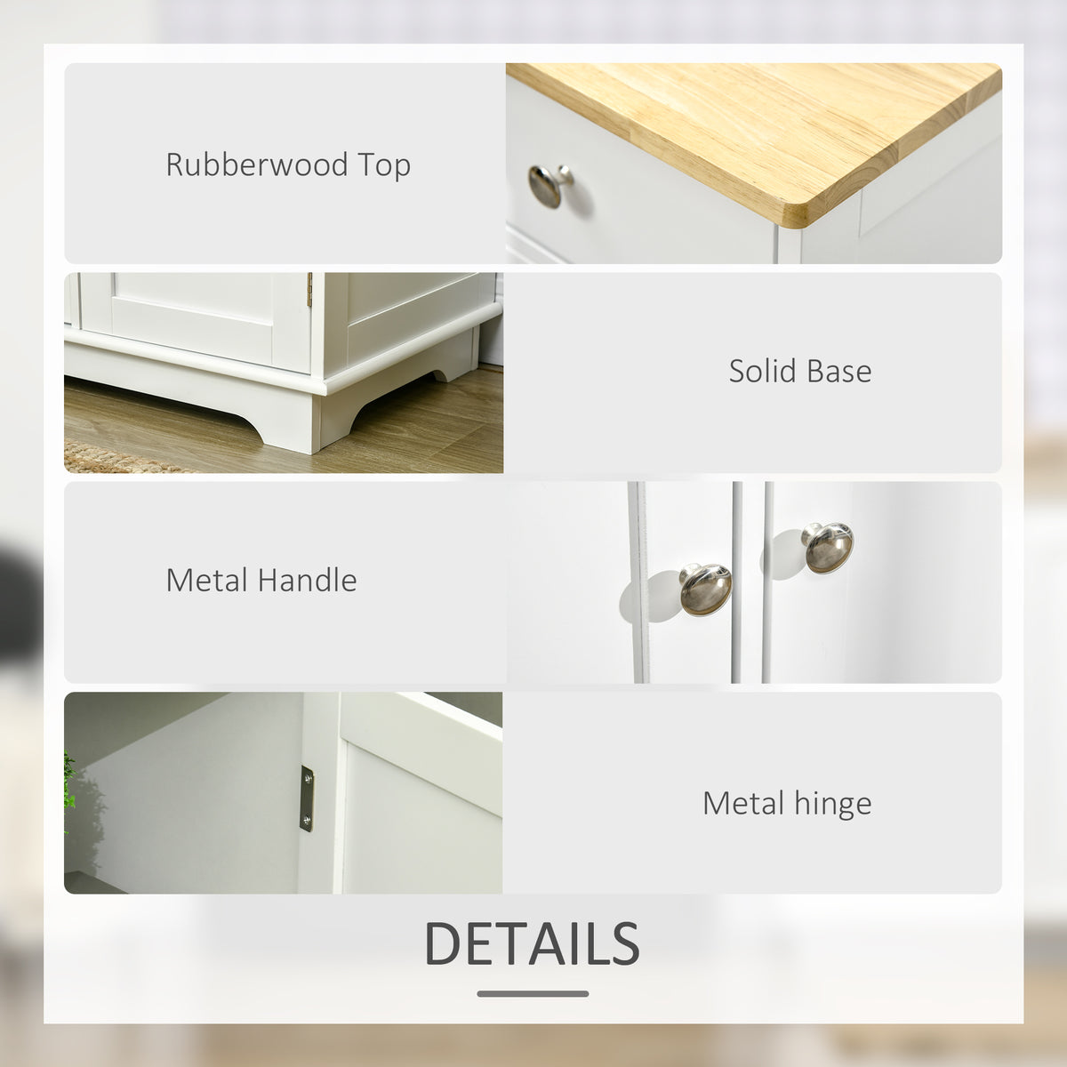 Sideboard detail showing the rubberwood top, solid base, metal handles, and hinges.