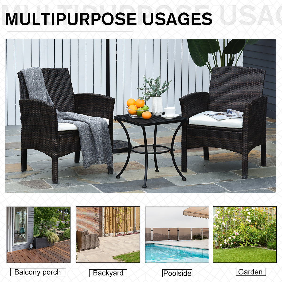 Outsunny black metal bistro table between outdoor chairs, with square mesh top