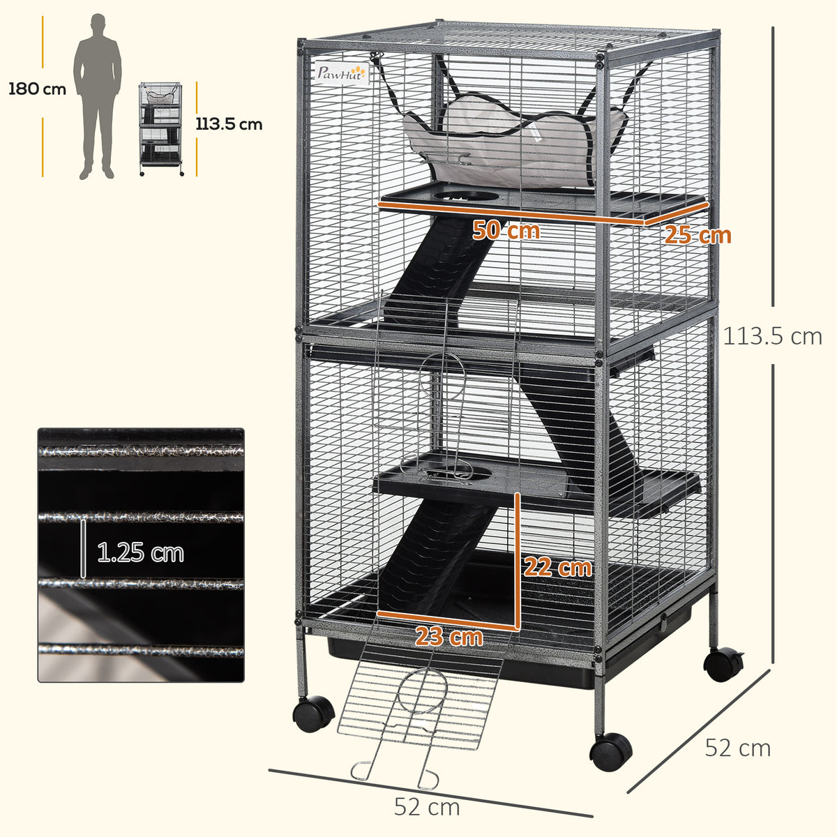 PawHut four-tier small animal cage with wheels, ramps, platforms, and hammock