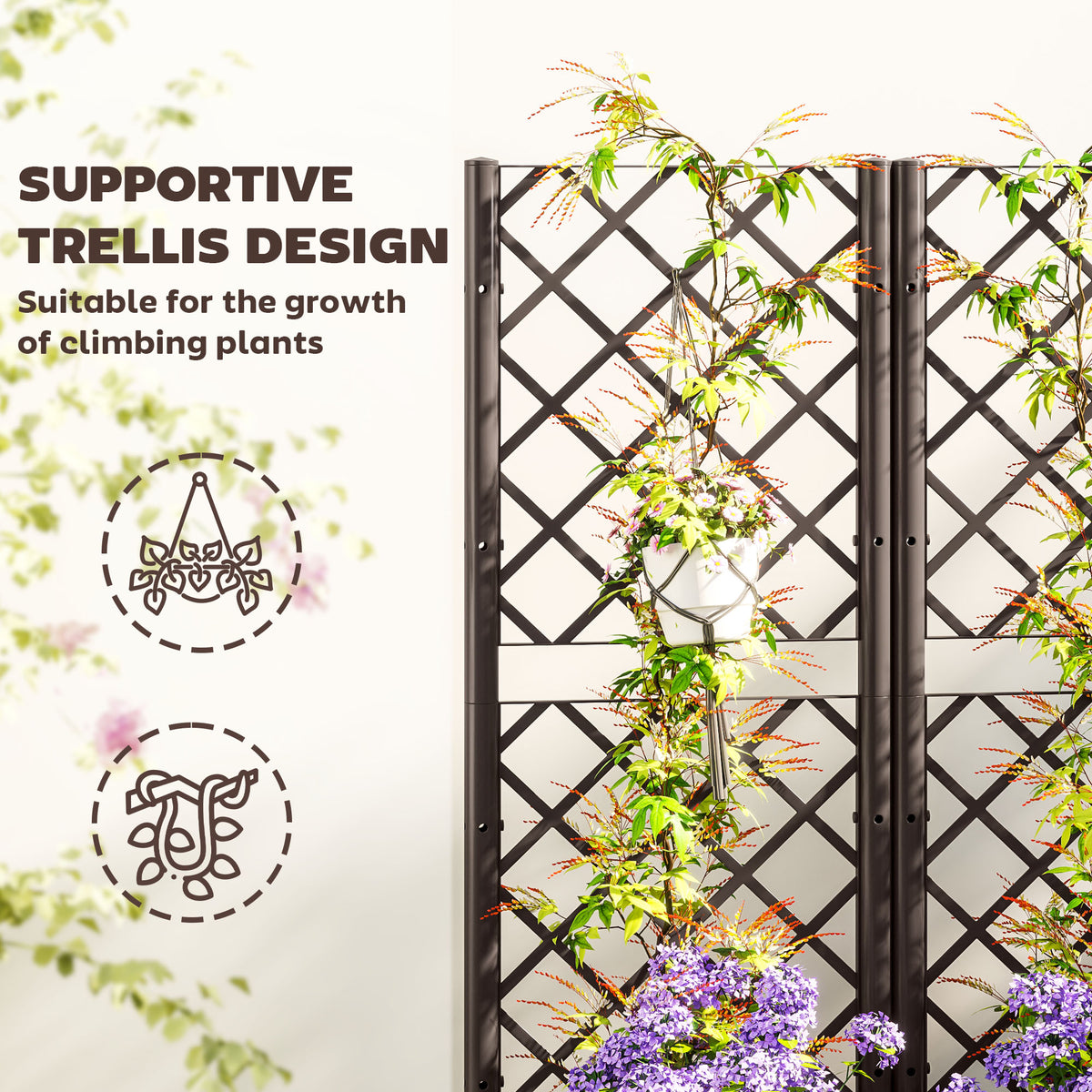 Brown garden bed trellis supporting climbing plants and flowers