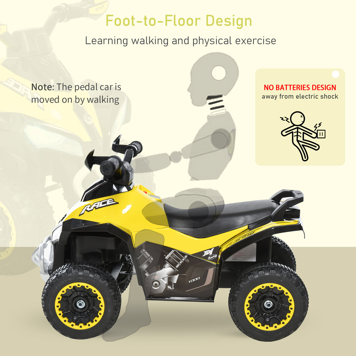 HOMCOM yellow foot-to-floor ride-on toy car in side view, with black seat and four wheels