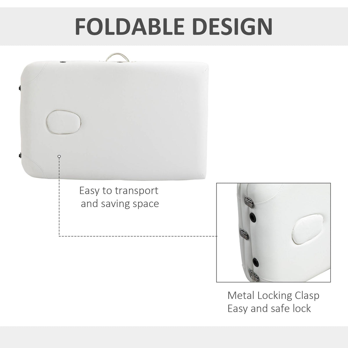 Folded white massage table with a carrying handle and metal locking clasps