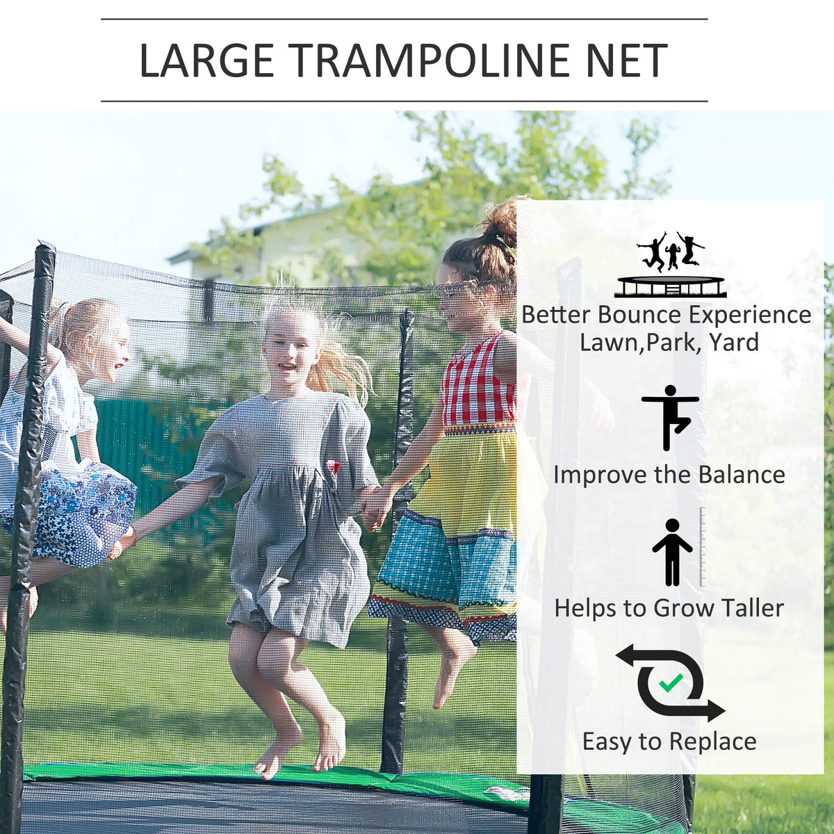 Black trampoline enclosure net surrounding a trampoline