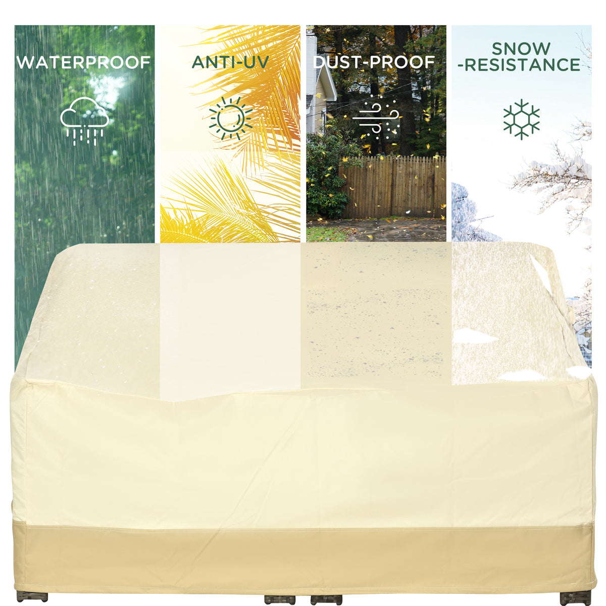 Outsunny three-seat furniture cover shown with waterproof, UV, dust, and snow protection