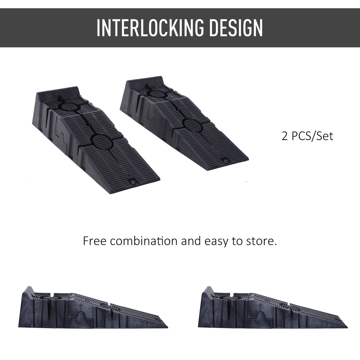 Two black plastic car ramps with interlocking sides shown in different configurations