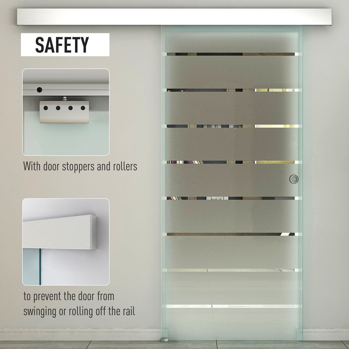 HOMCOM frosted glass sliding door with stripe pattern, round handle, rollers, and door stoppers