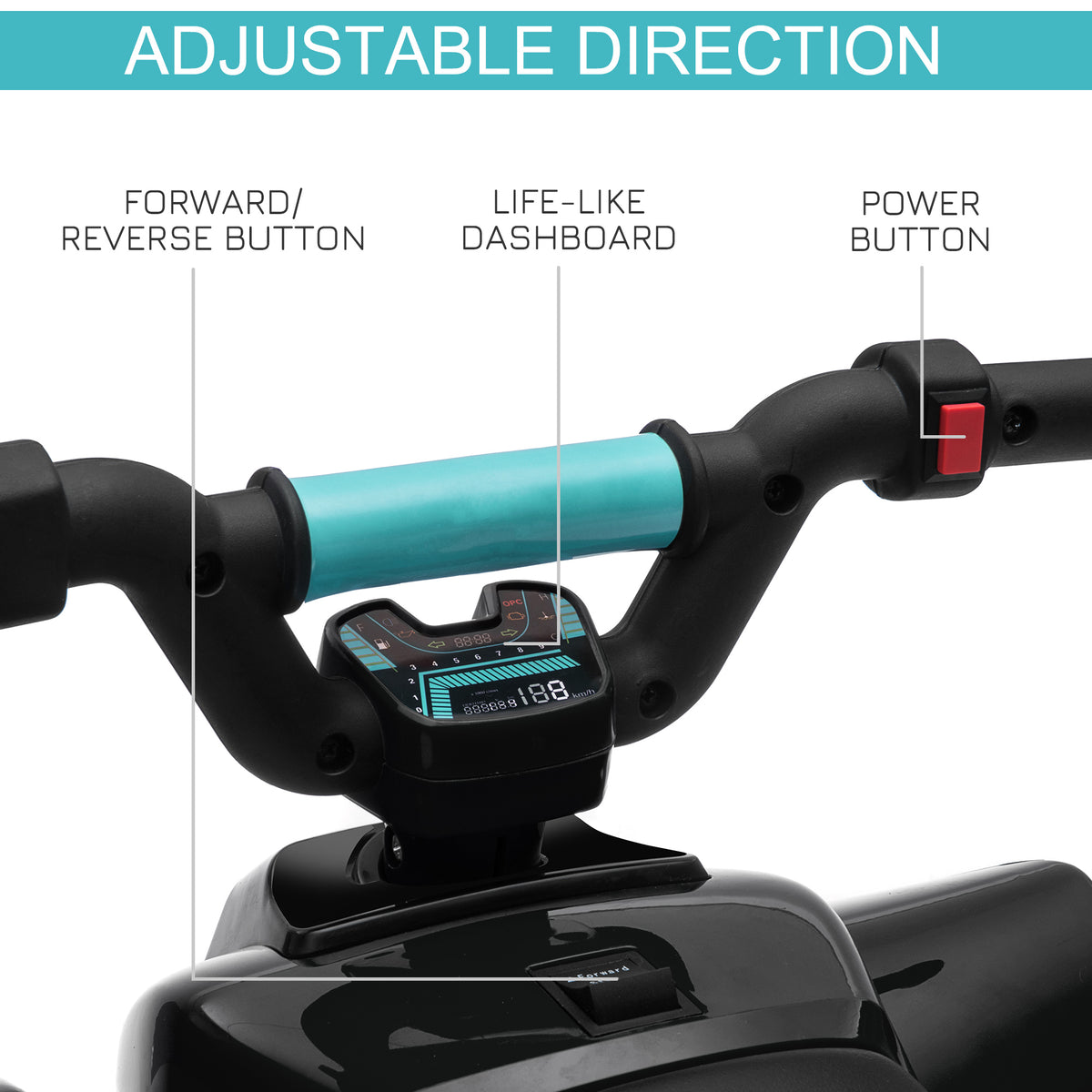 Ride-on car handlebar controls with forward and reverse button, dashboard and power button