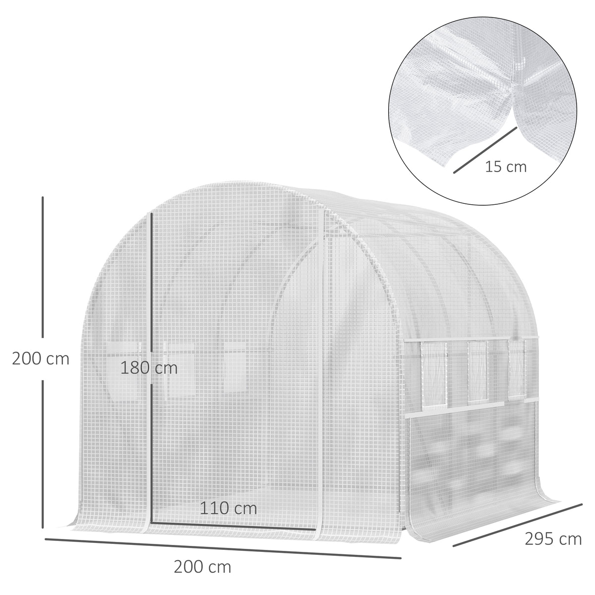 Walk-in polytunnel greenhouse with dimensions shown and an extended ground edge