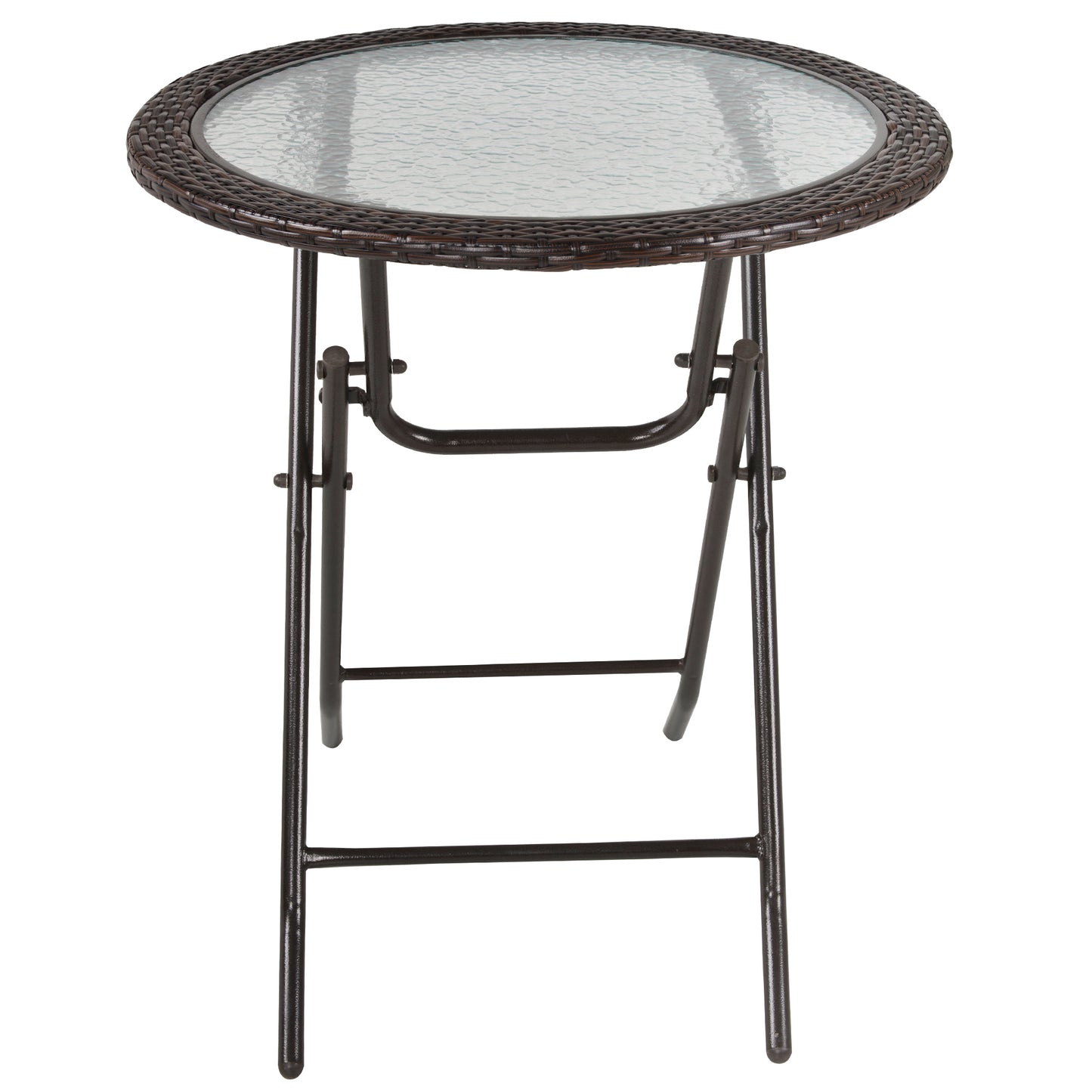 Outsunny Folding Rattan Garden Dining Table, 68 cm Round Rattan Garden Table with Water Ripple Tempered Glass Top, Wicker Edging and Steel Frame for Outdoor, Patio, Brown