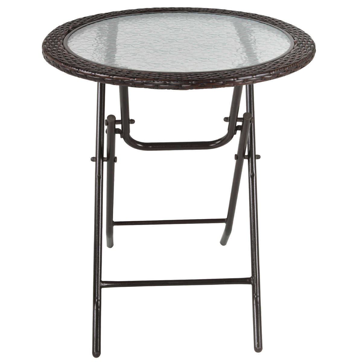 Outsunny Folding Rattan Garden Dining Table, 68 cm Round Rattan Garden Table with Water Ripple Tempered Glass Top, Wicker Edging and Steel Frame for Outdoor, Patio, Brown