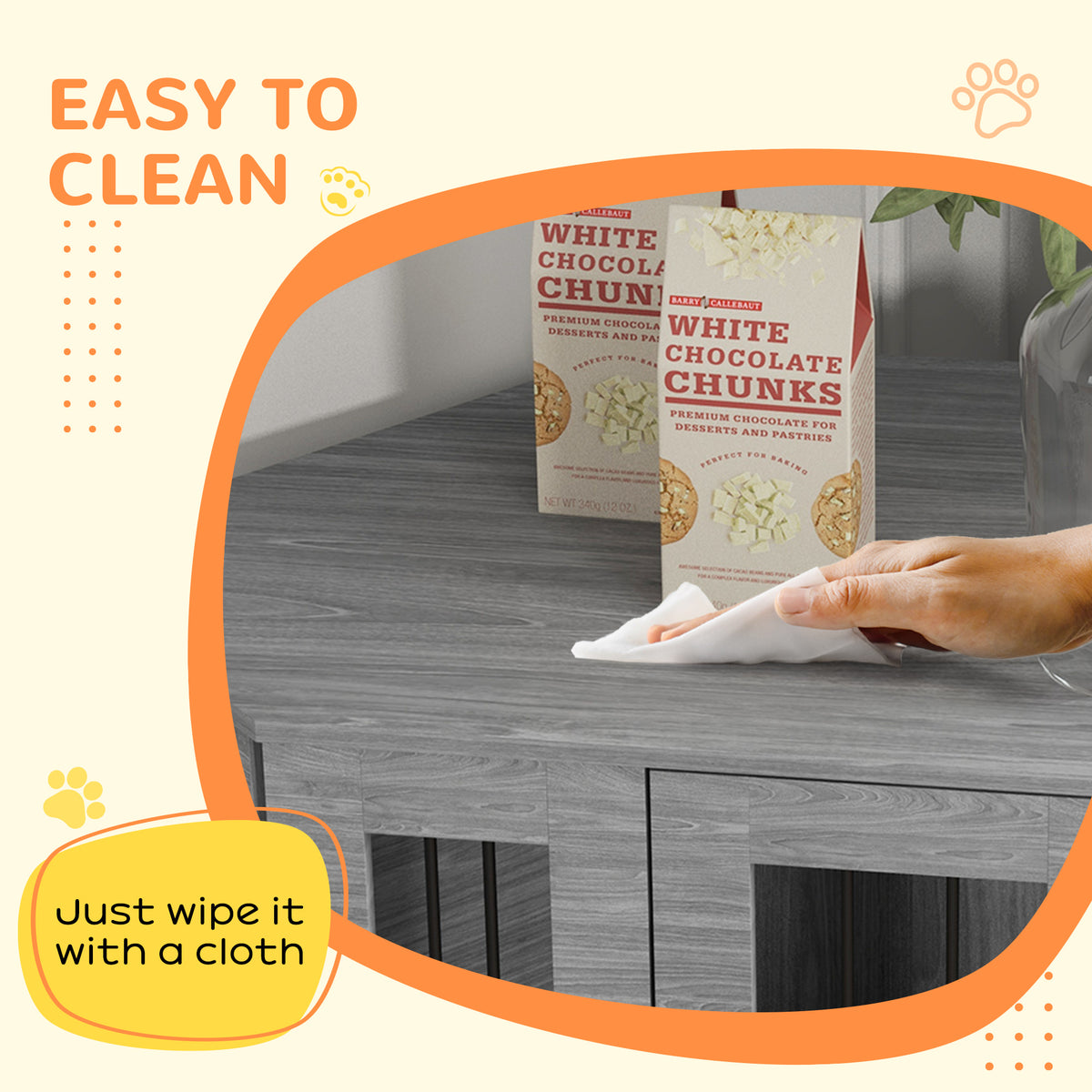 Grey dog crate side table with a wipe-clean wood-grain top
