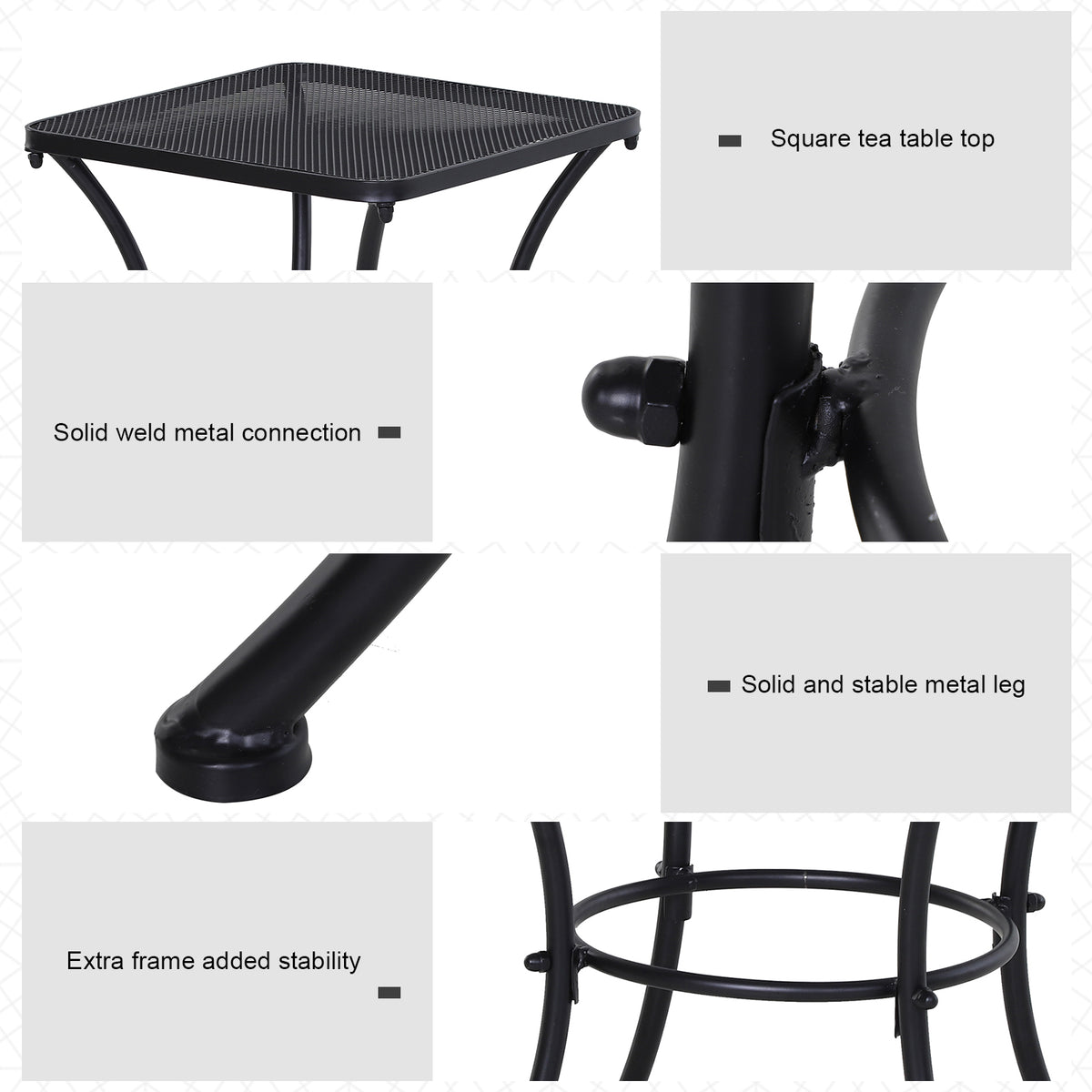 Outsunny bistro table detail showing mesh top, welded joints, curved legs, and support ring