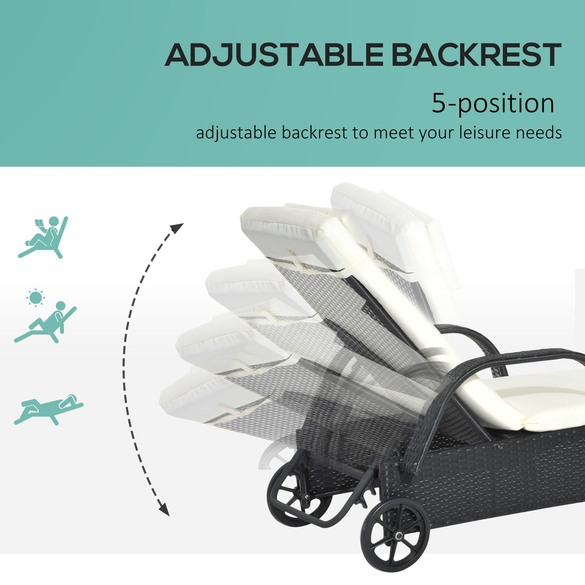 Outsunny sun lounger with five-position adjustable backrest and wheeled frame