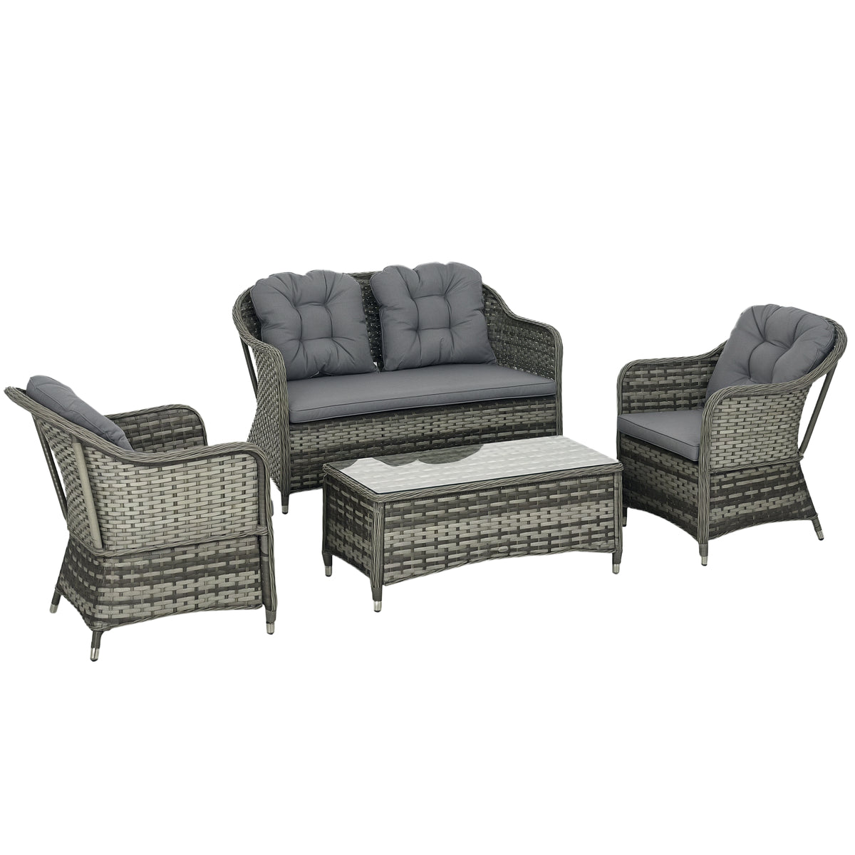 Four-piece mixed-grey rattan sofa set with cushioned seats and glass-top table