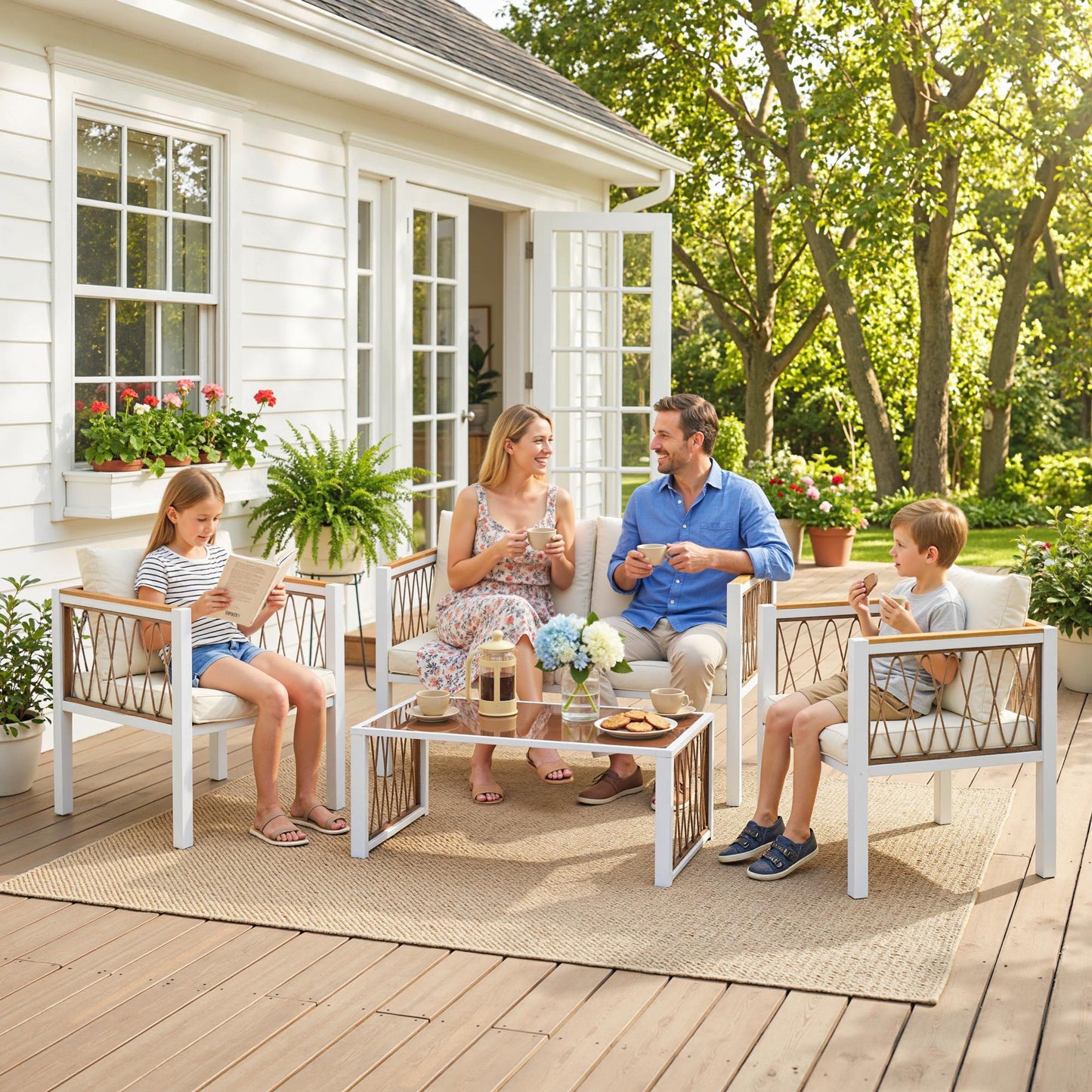 Outsunny 4 Piece Rattan Garden Furniture Set with Loveseat, 2 Armchairs, Table, Metal Frame Patio Conversation Set, Cream White