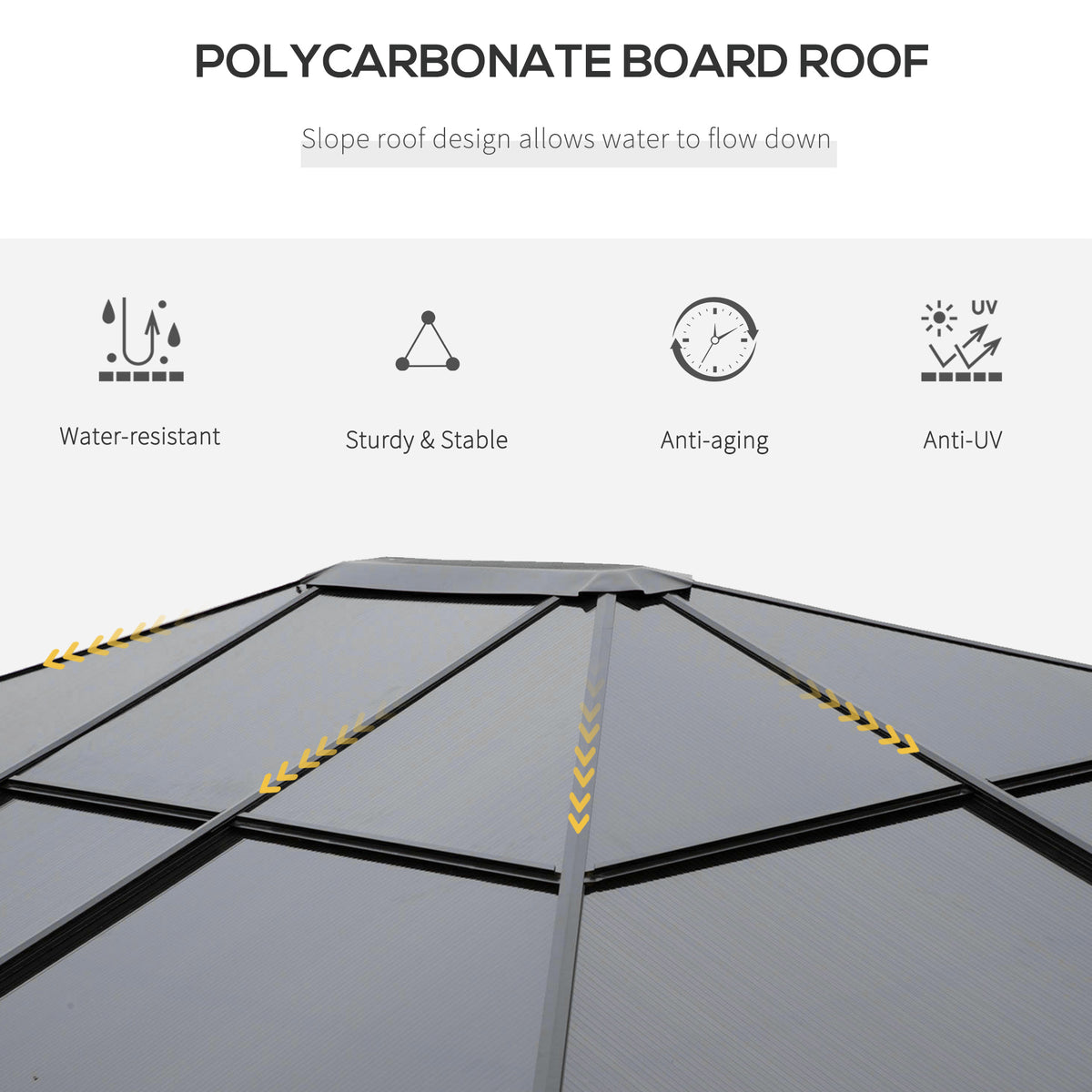 Polycarbonate gazebo roof close-up showing its sloped panels and support frame
