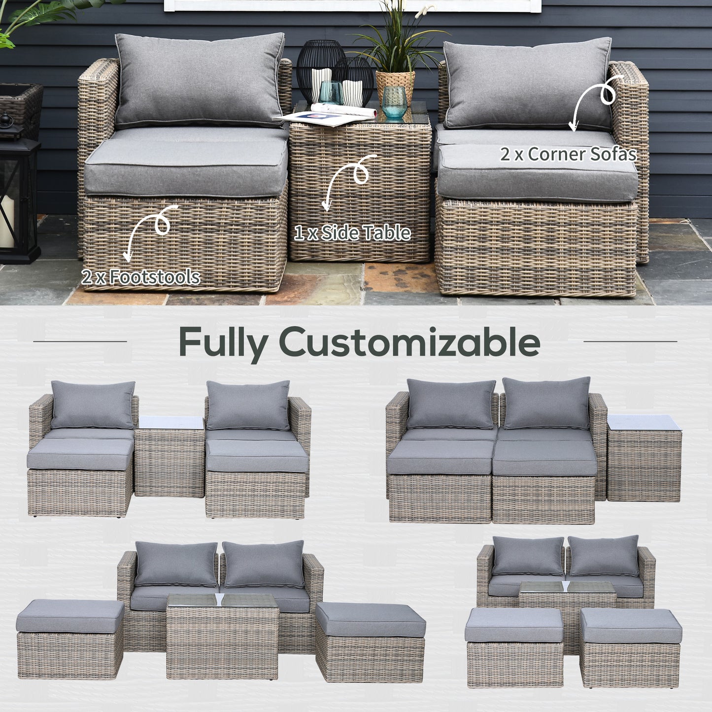 Outsunny rattan patio set shown in several layouts with corner sofas, footstools and side table