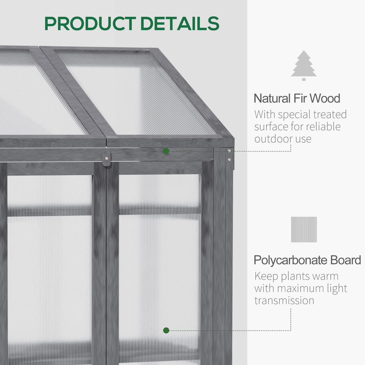 Close-up of the grey wooden frame and translucent polycarbonate greenhouse panels