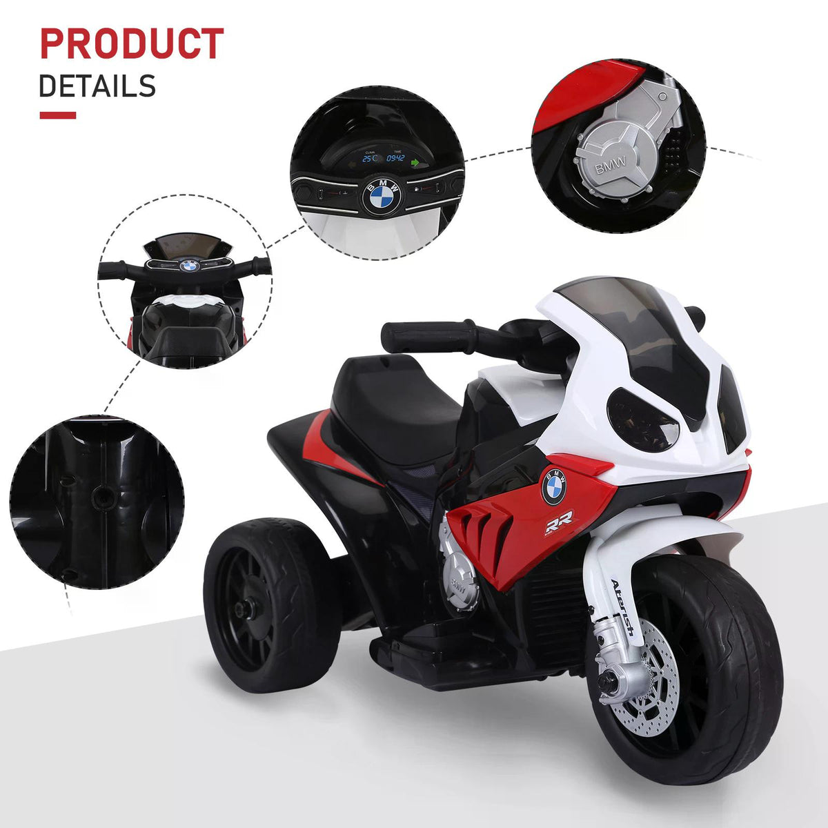 HOMCOM BMW ride-on motorcycle with close-up details of the dashboard, wheel and controls