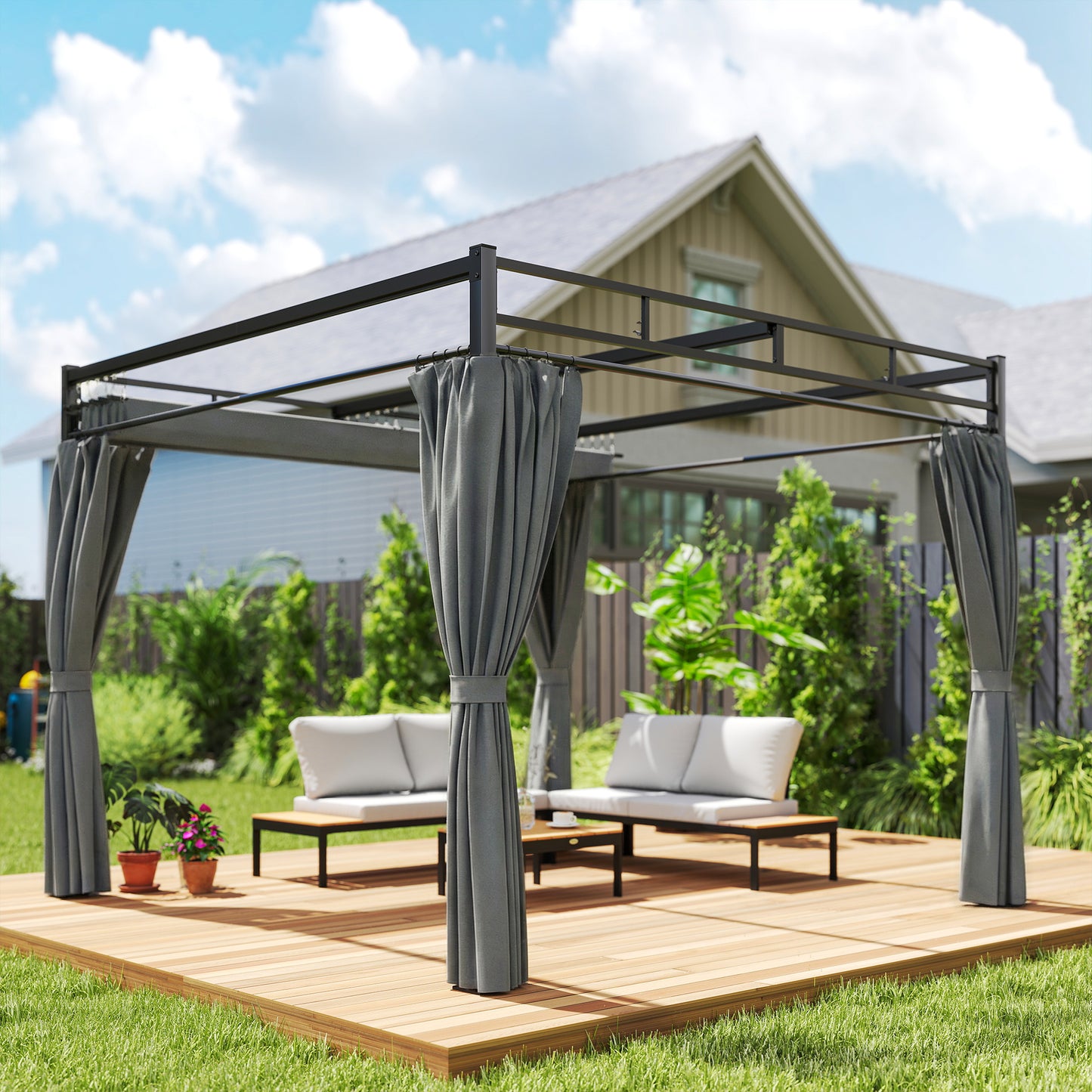 Outsunny 3 x 3 m Pergola with Retractable Roof Canopy and Curtains, UPF30+ Metal Frame Garden Pergola Gazebo Sun Shade, Dark Grey