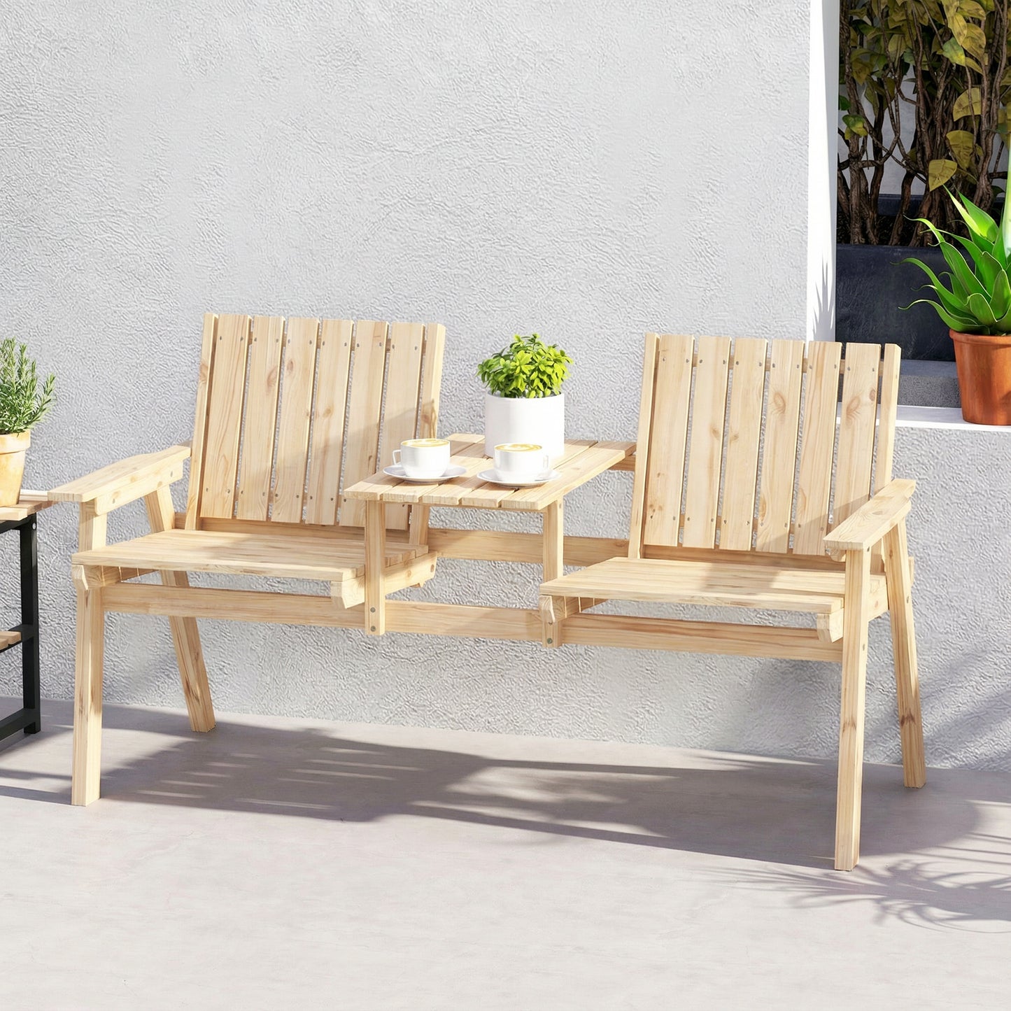 Outsunny 2-Seater Garden Loveseat with Table and Parasol Hole for Porch, Patio, Natural Wood Finish