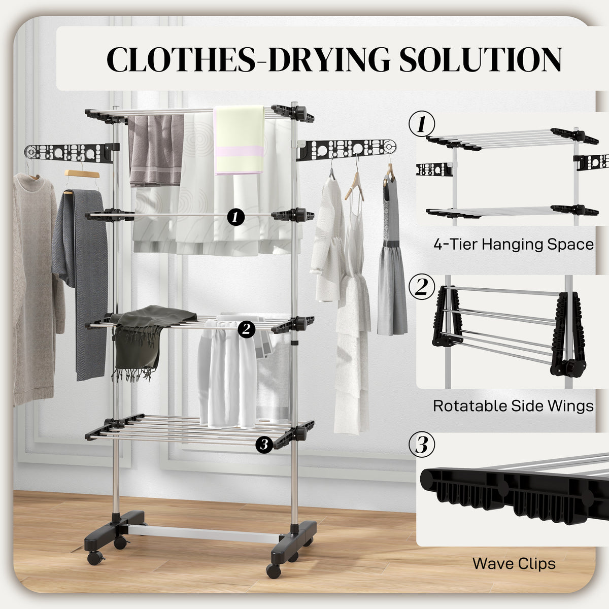 HOMCOM clothes rack with four drying tiers, rotatable side wings, and wave clips