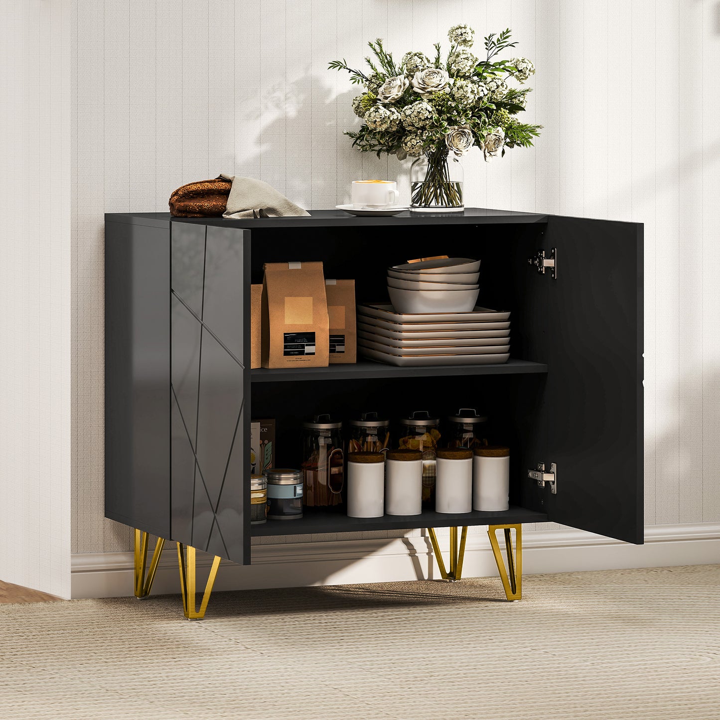 HOMCOM Modern Luxe High Gloss Sideboard, with Hairpin Legs - Black