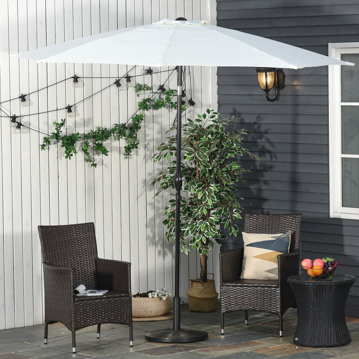 Parasol base supporting a patio umbrella beside outdoor seating