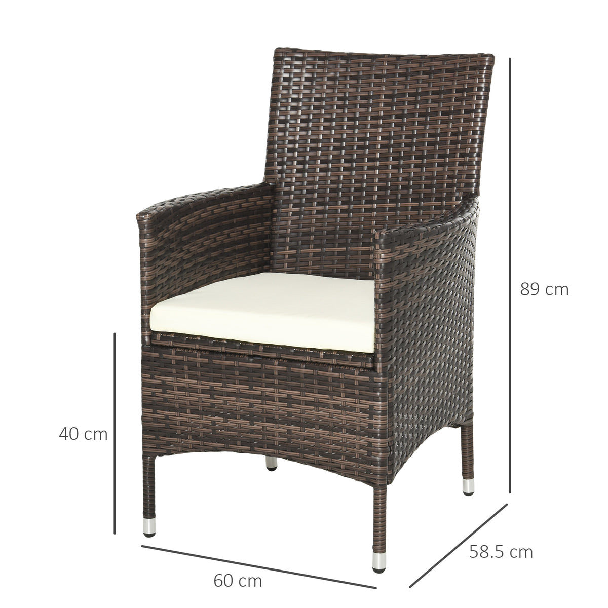 Brown rattan armchair with cream cushion and labeled dimensions