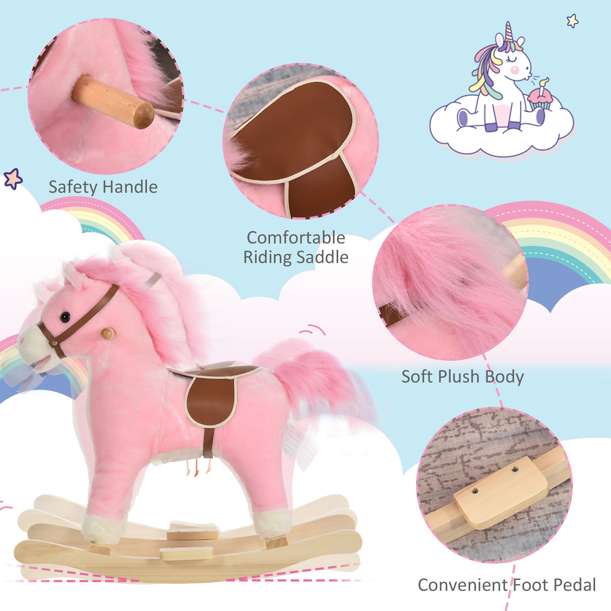 Pink plush rocking horse with brown saddle, wooden handles, footrests and curved rocker base.