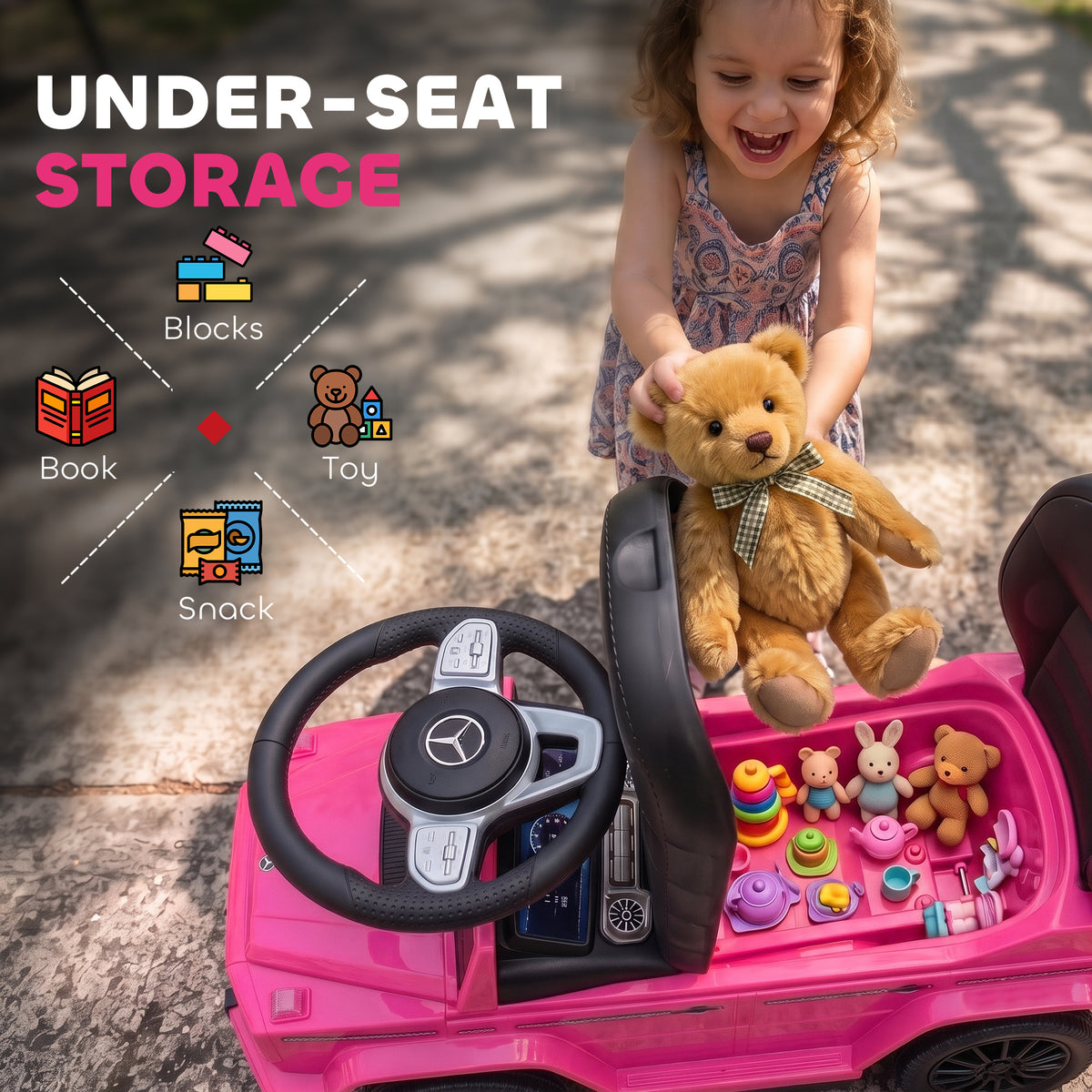 Pink ride-on car with under-seat storage compartment holding toys