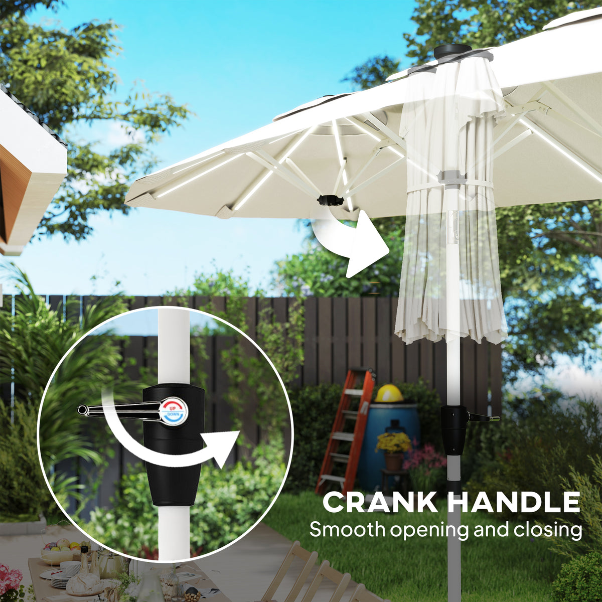 Outsunny 3 m Double-Sided Garden Parasol with LED Solar Lights, Tilt, Outdoor Extra Large Sun Umbrella with Crank Handle, Cream