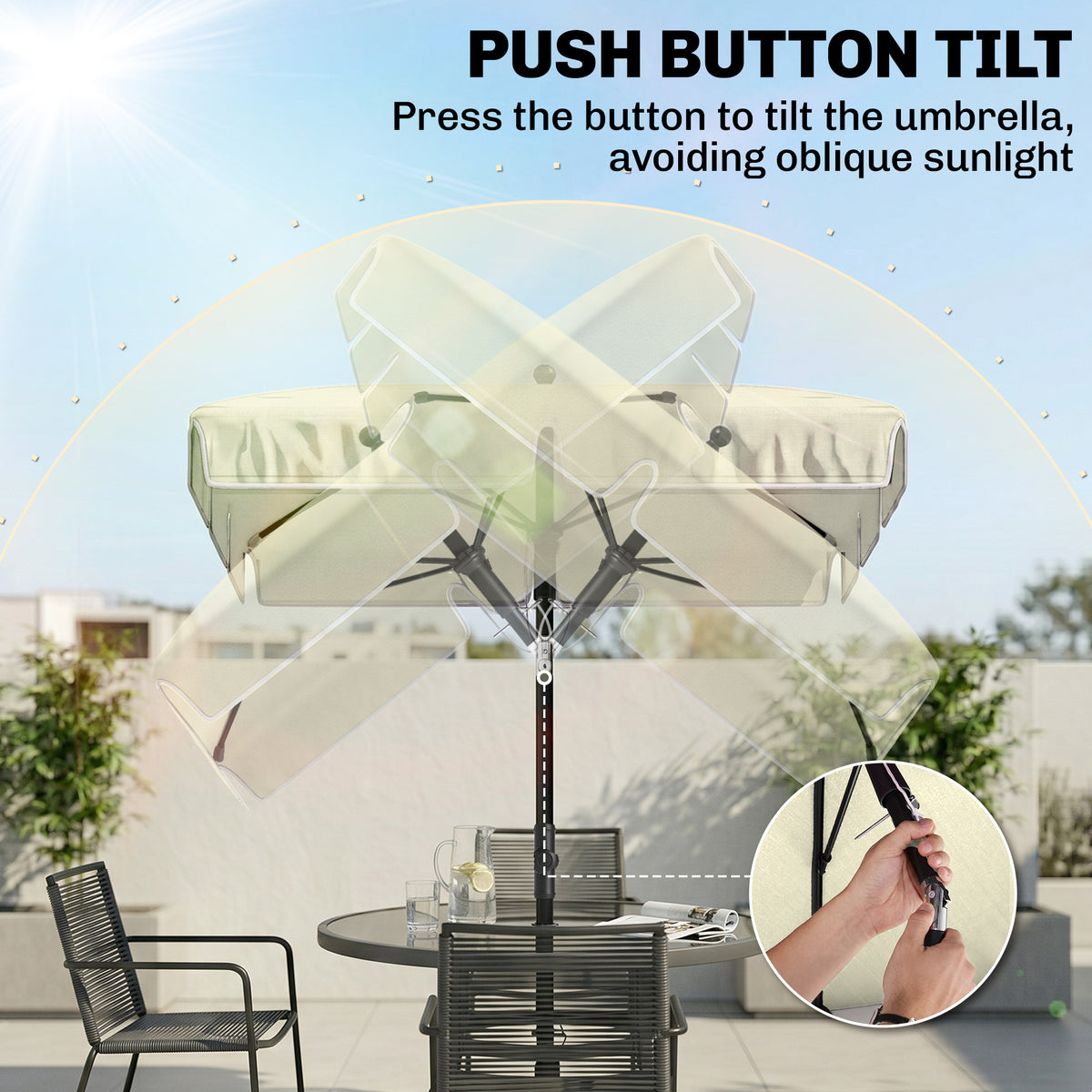 Cream tilting parasol shown at several angles with a push-button pole