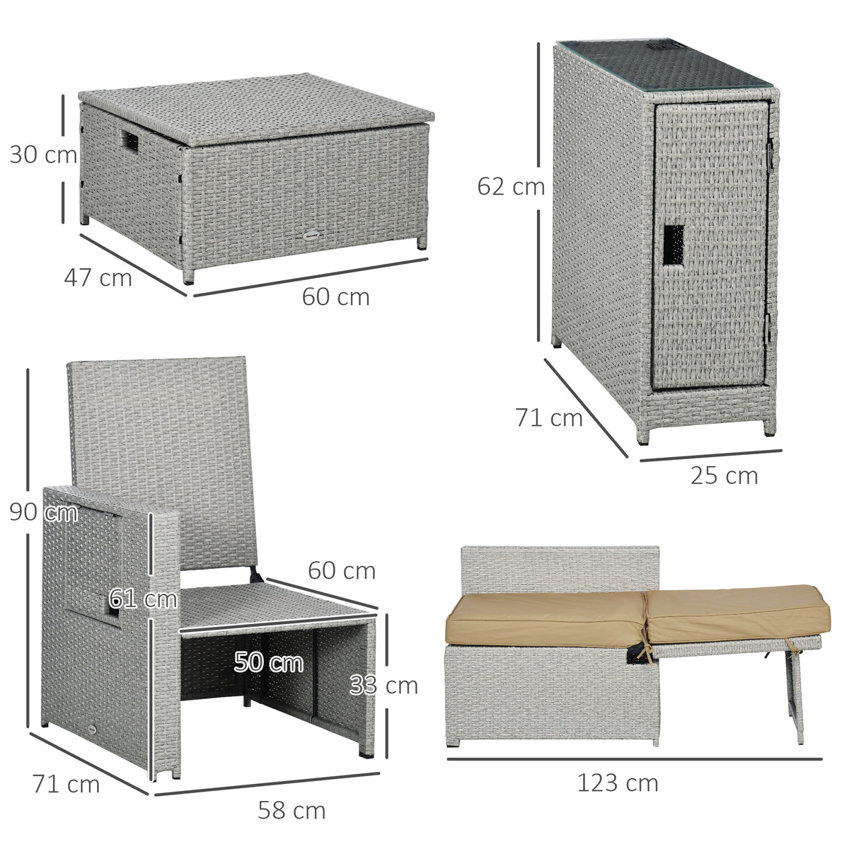 Outsunny rattan lounger set shown with dimensions for the storage table, chair and recliner