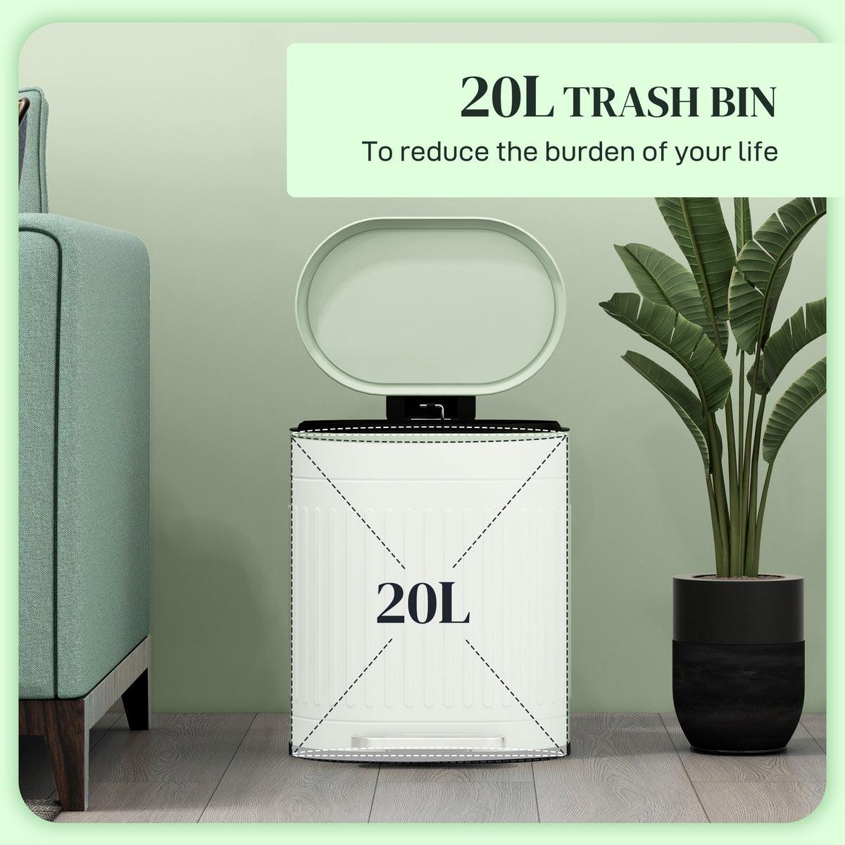 Light green 20L metal kitchen bin with open lid