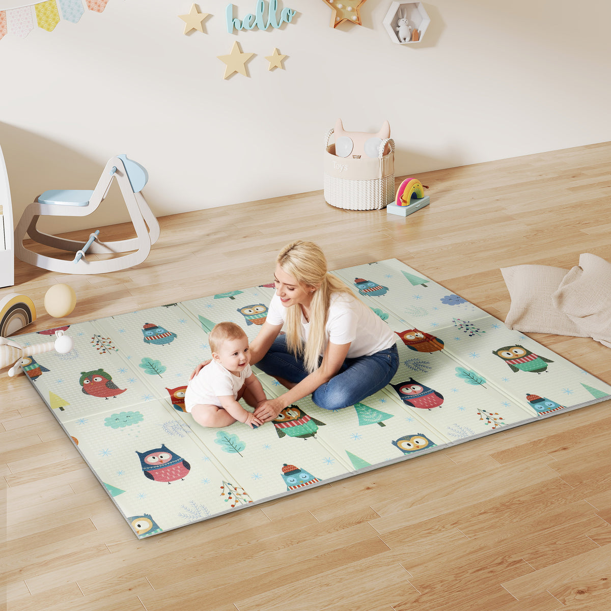 AIYAPLAY Foldable Baby Plat Mat Double Sided, Kids Floor Mat for Crawling, 200L x 150W cm, Car track and Owl Theme