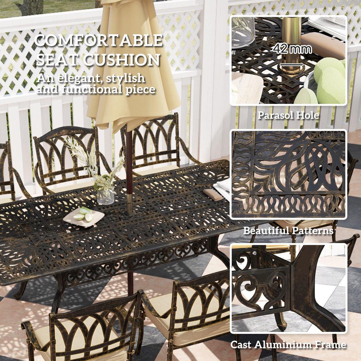 Ornate cast aluminium dining table with 42 mm parasol hole and beige-cushioned chairs