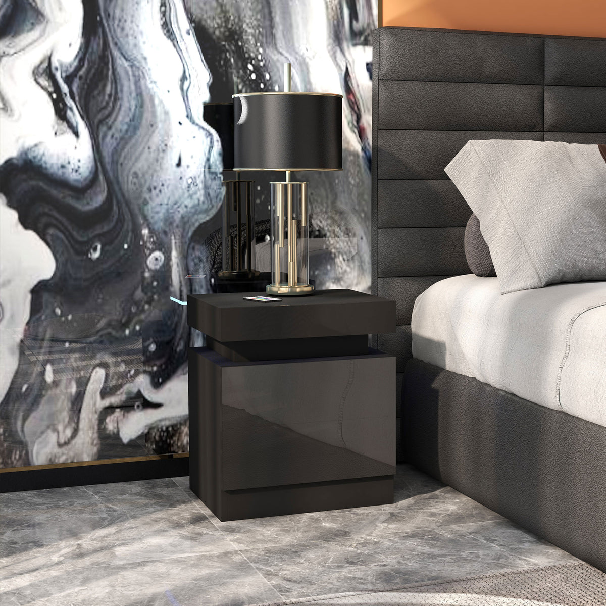 HOMCOM High Gloss Front Bedside Tables Set of 2, Nightstands with RGB LED Light and 2 Drawers, Chest of Drawers for Bedroom, Living Room, Black