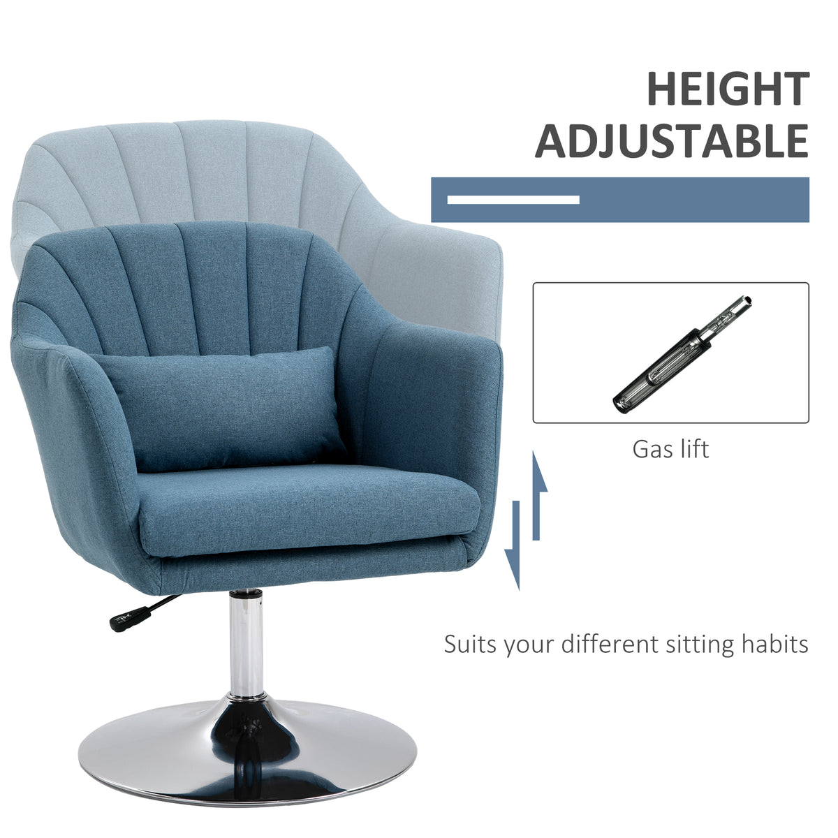 Blue adjustable-height swivel chair with curved arms, lumbar pillow, and chrome pedestal base