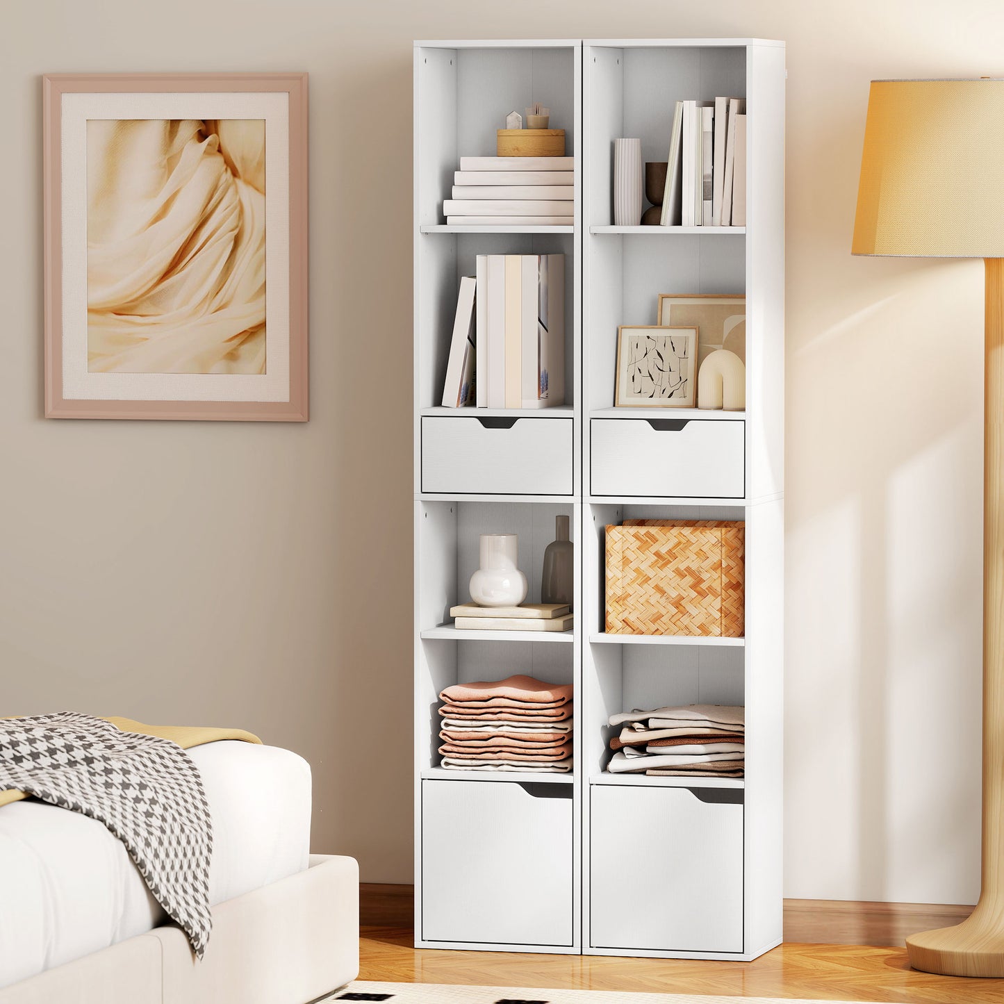 HOMCOM 6-Tier Bookcase, Tall Narrow Bookshelf with Drawer and Door - White