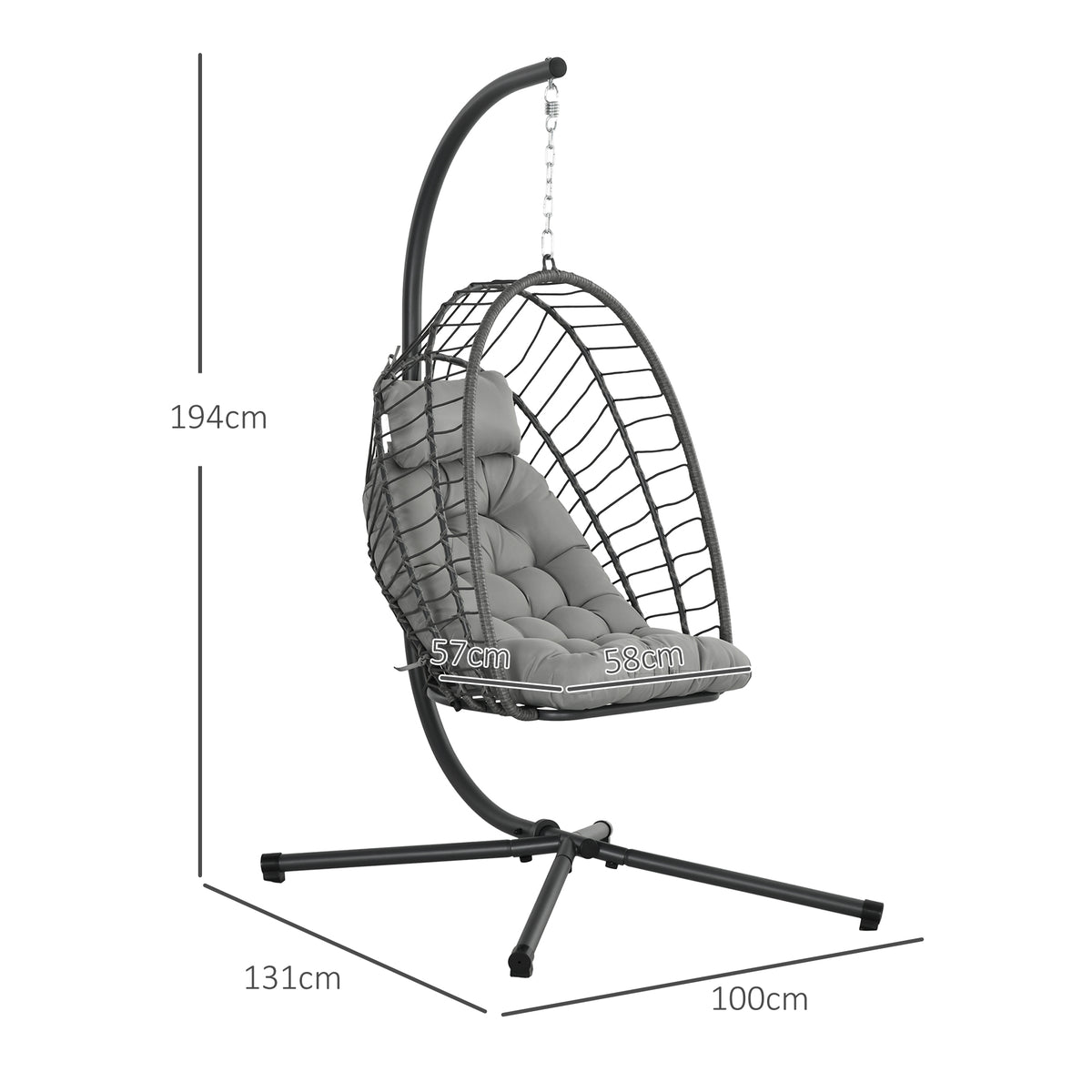 Outsunny egg swing chair with dimensions: 194 cm high, 131 by 100 cm base