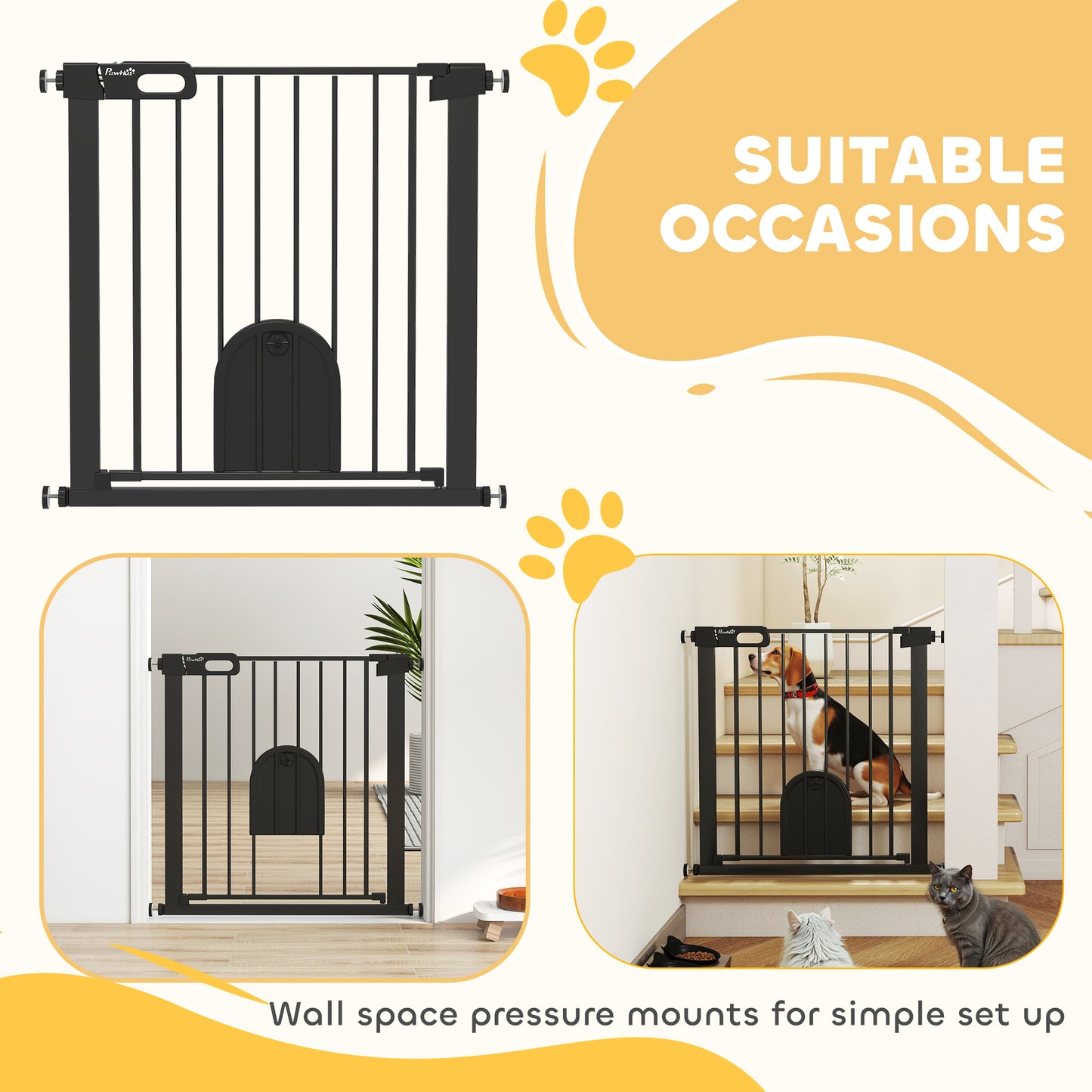 PawHut Dog Gate with Cat Flap Pet Safety Gate Barrier, Stair Pressure Fit, Auto Close, Double Locking, 75-82 cm Black