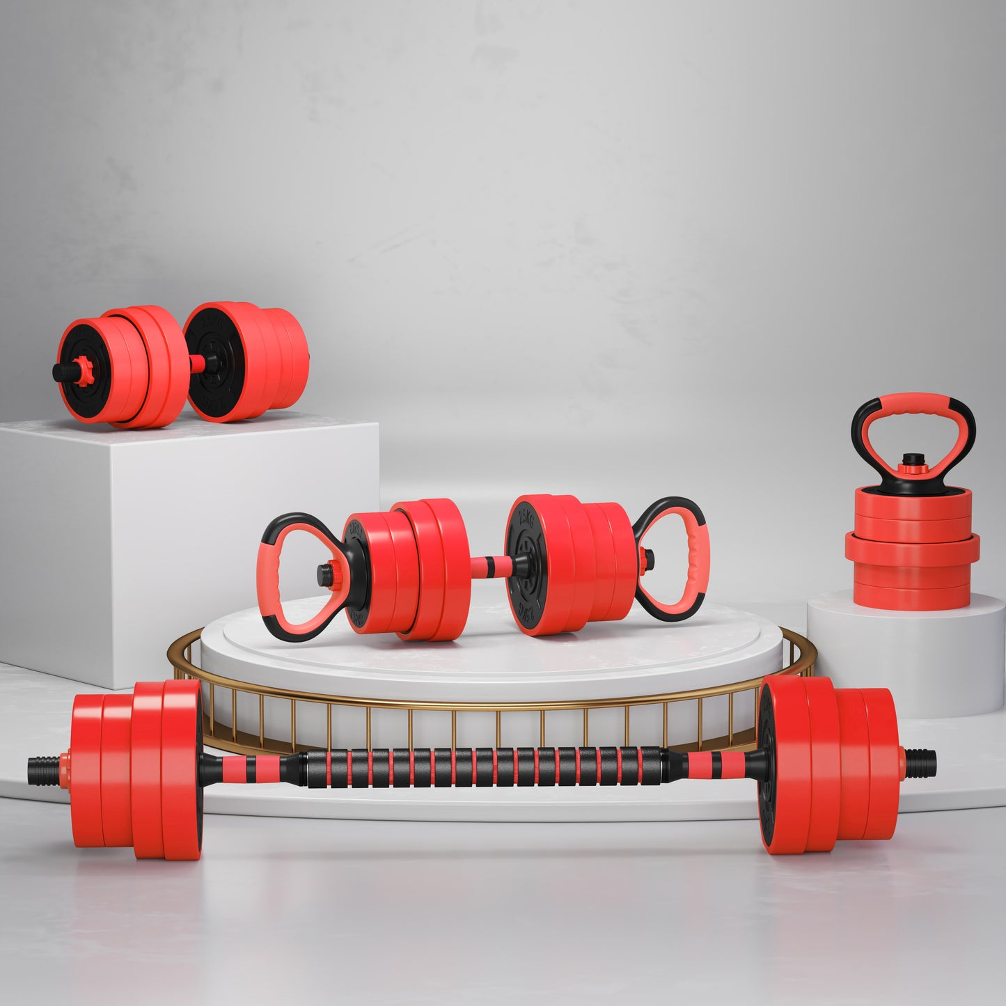 SPORTNOW 30kg 6-In-One Adjustable Weight Dumbbells Set, Barbell, Kettlebell, Push Up Stand - Red