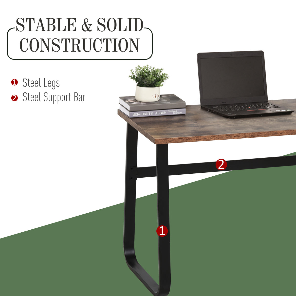 HOMCOM desk detail showing black steel legs and a support bar