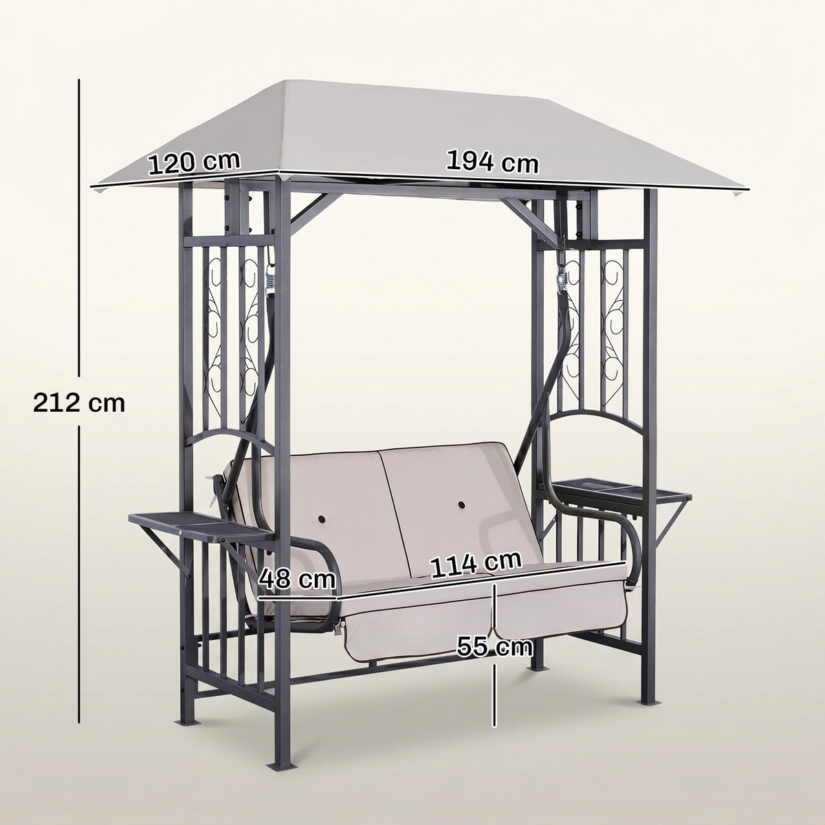 Two-seat canopy swing chair with beige cushions, steel frame, side tables, and dimensions