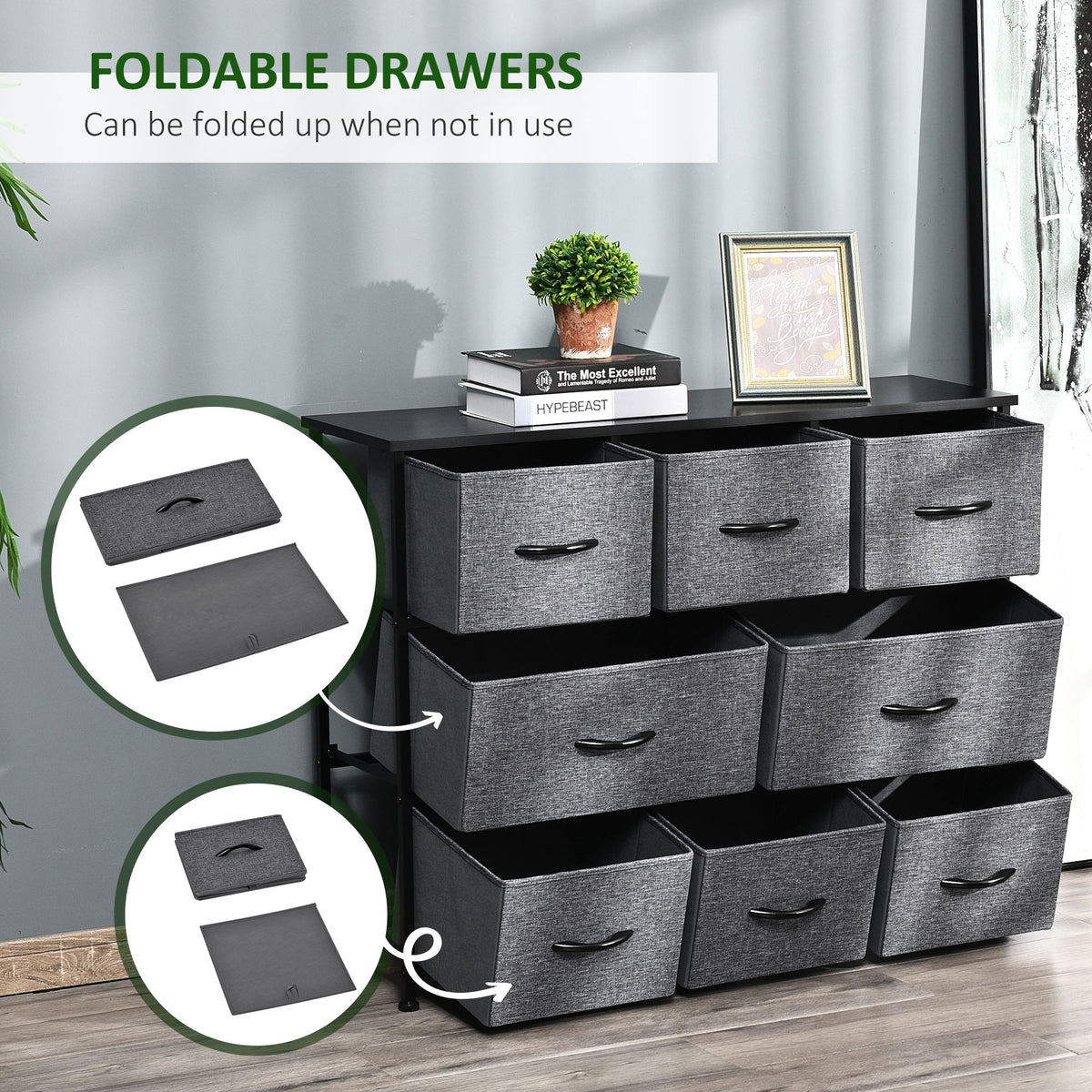 HOMCOM fabric dresser with foldable drawers shown open and folded
