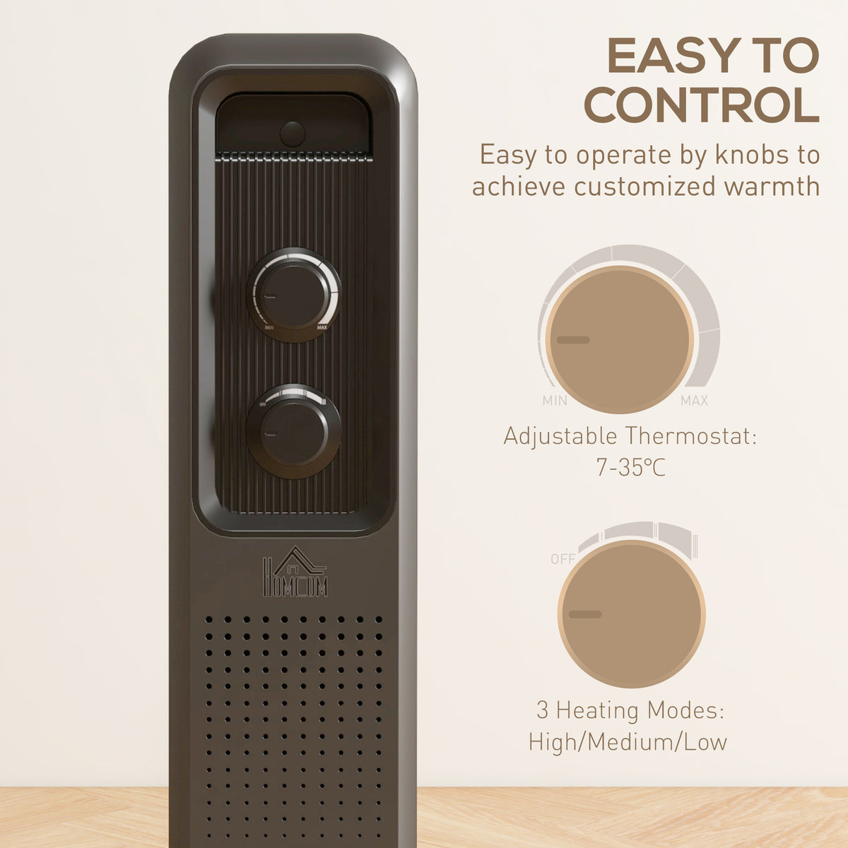 HOMCOM radiator control panel with two knobs for thermostat and three heat settings